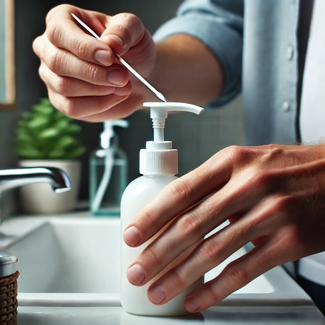 using a toothpick to release air from an airless pump lotion bottle.jpg